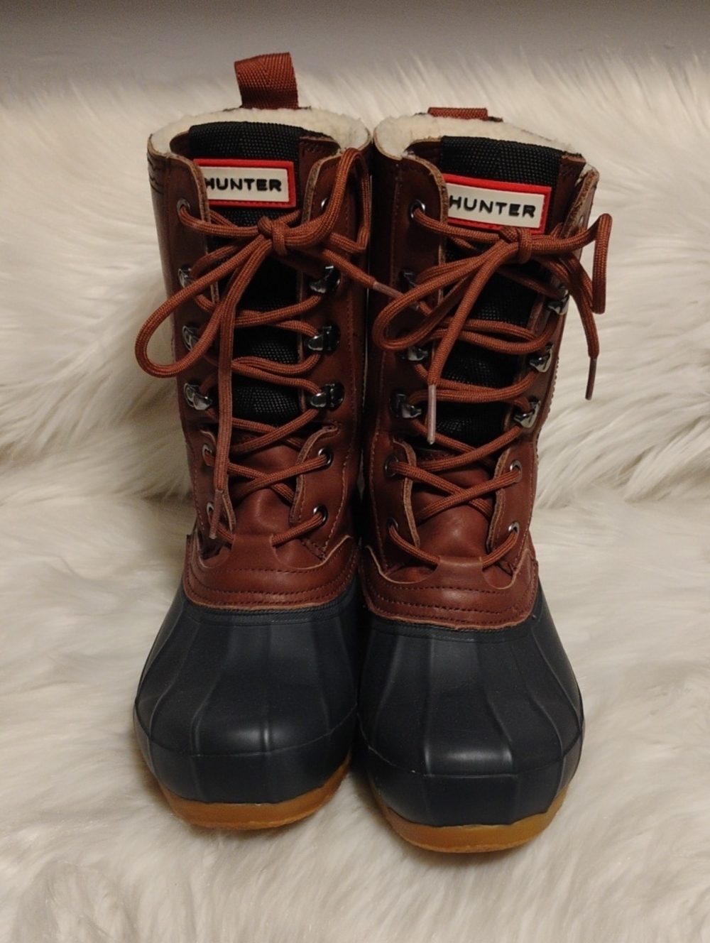 (C-76) Hunter Brown & Black Lace-Up Insulated Rain Boots Sz.7